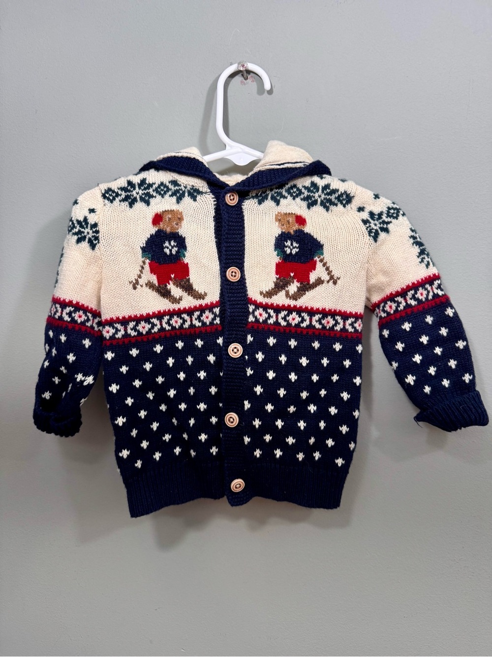 Ralph Lauren Navy, Cream & Red Ski Bear Hooded Cardigan - Kids